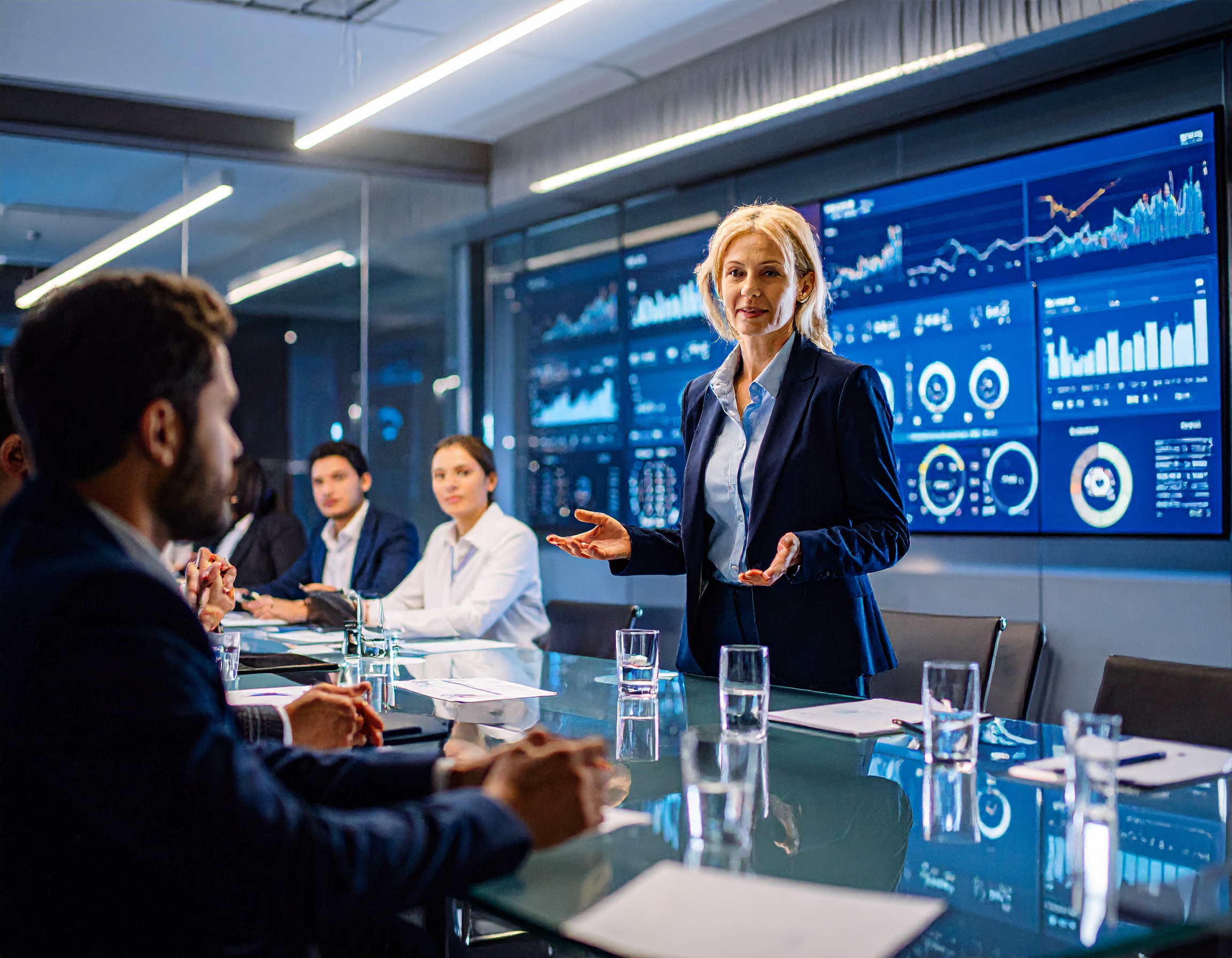 Executiva conduz apresentação dinâmica em moderna sala de conferências, com gráficos de dados exibidos em telas digitais, inspirando confiança e estratégia em ambiente corporativo.